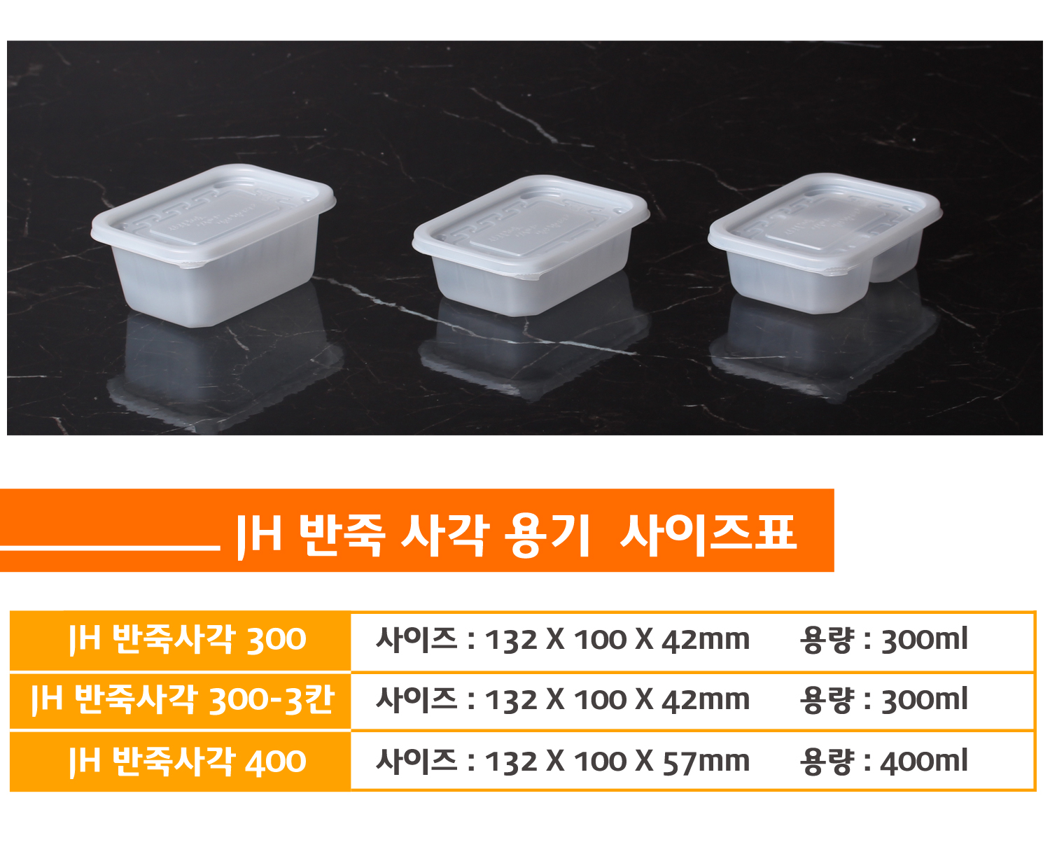 사이즈별로 포장용기가 나란히 놓여있고 상품명 사이즈 용량이 잘 표기된 표가 보인다.
