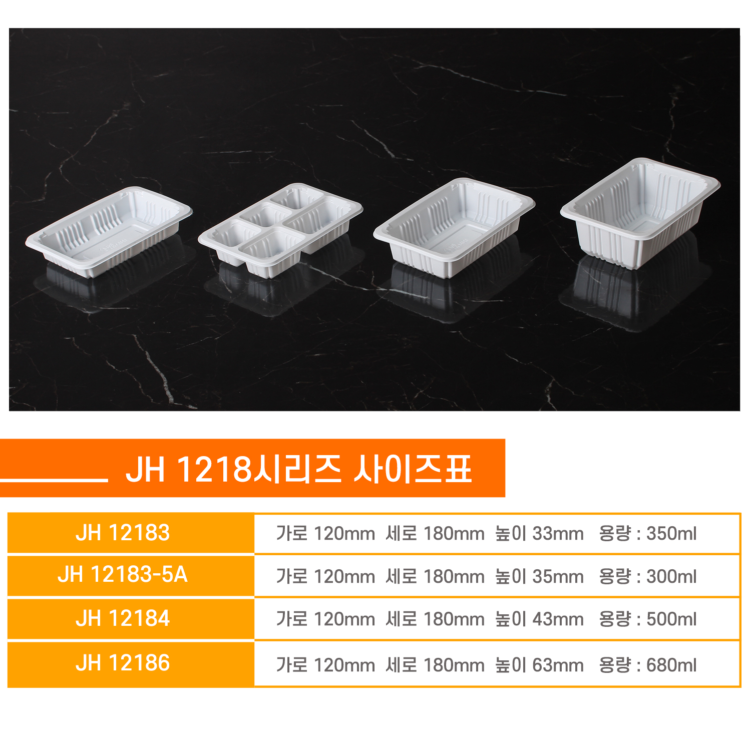 1218실링용기가 사이즈별로 나란히 놓여있는 이미지와 상품명, 사이즈, 용량 표기된 표