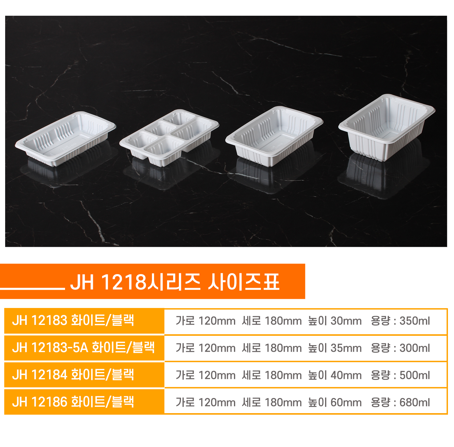 1218실링용기가 사이즈별로 나란히 놓여있는 이미지와 상품명, 사이즈, 용량 표기된 표