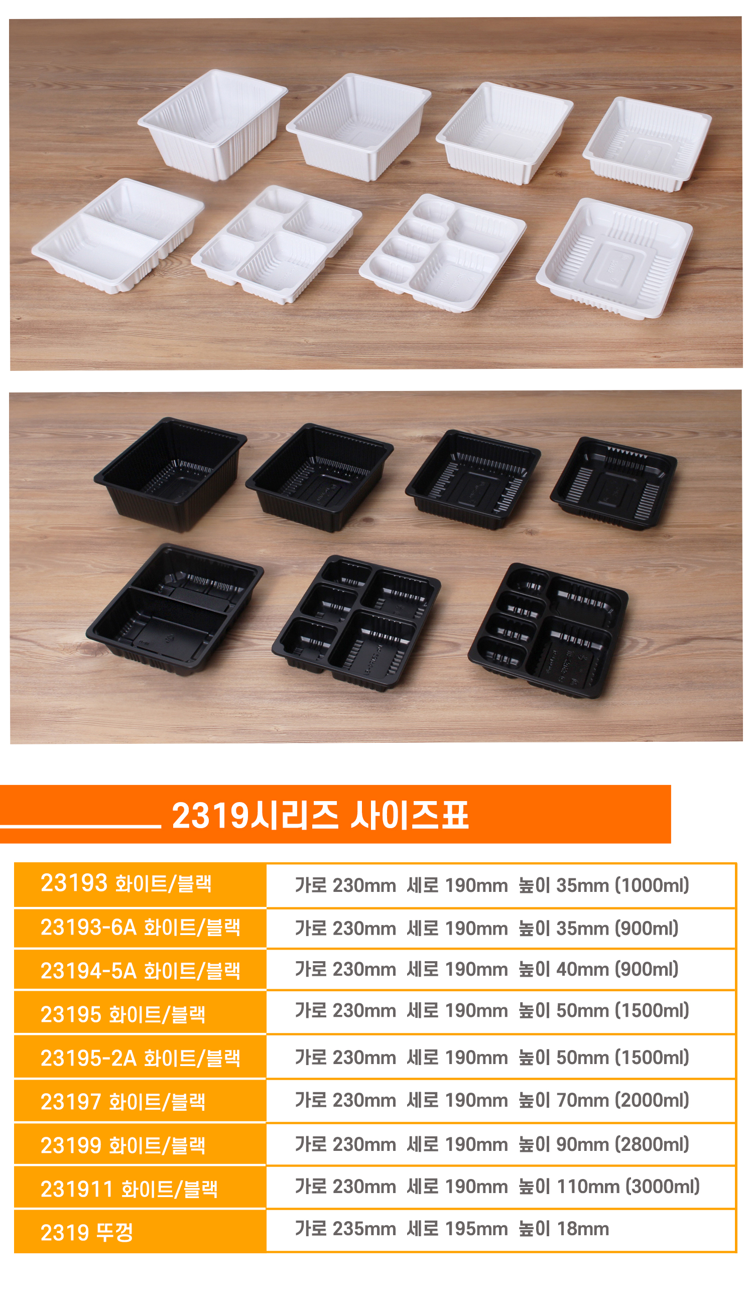 사이즈별로 포장용기가 나란히 놓여있고 상품명 사이즈 용량이 잘 표기된 표가 보인다.