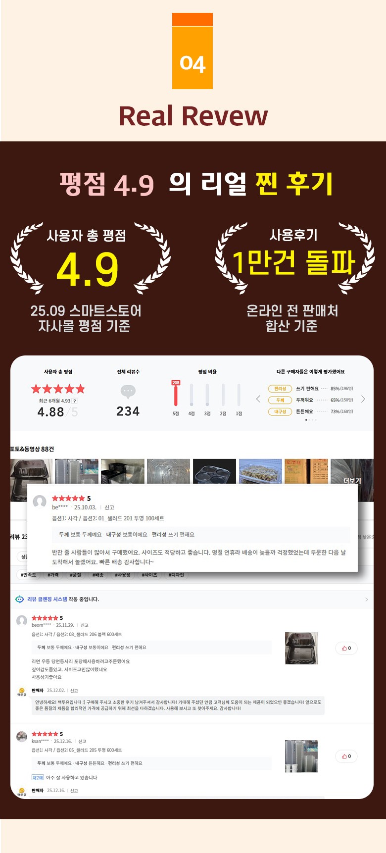 고객 후기와 평균 평점 4.9를 강조한 샐러드 용기 제품에 대한 신뢰도 높은 리뷰 소개