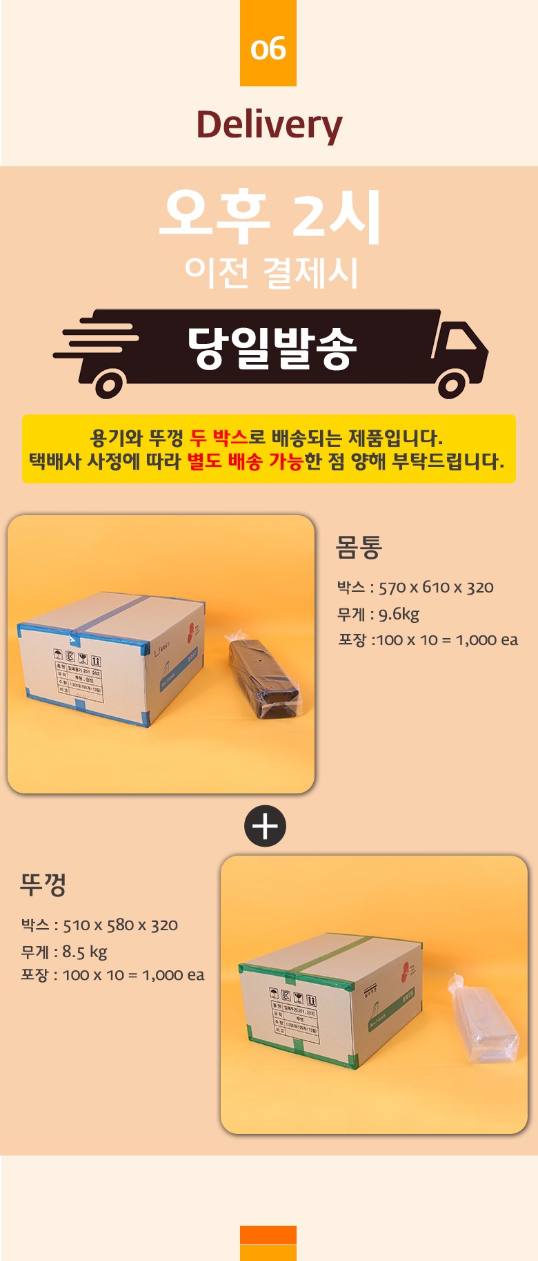 몸통 박스와 내부 포장 상태가 나란히 보여지는 투명 샐러드용기 배송 구성 예시