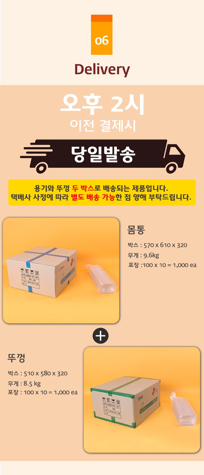 몸통 박스와 내부 포장 상태가 나란히 보여지는 투명 샐러드용기 배송 구성 예시
