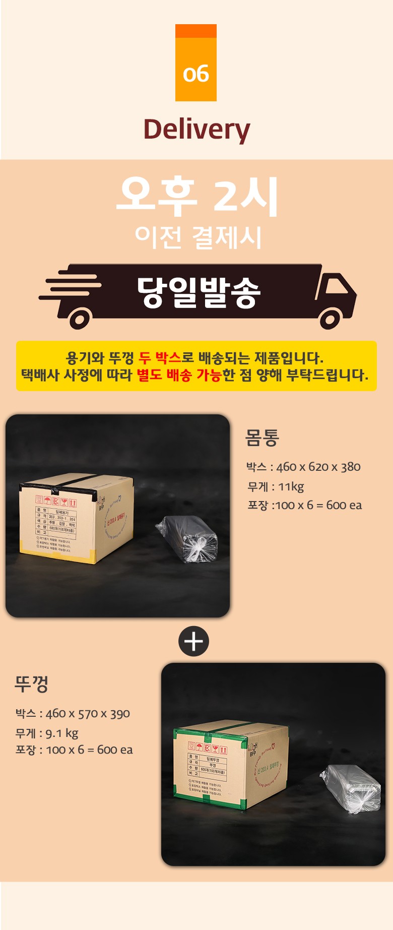 몸통 박스와 내부 포장 상태가 나란히 보여지는 투명 샐러드용기 배송 구성 예시