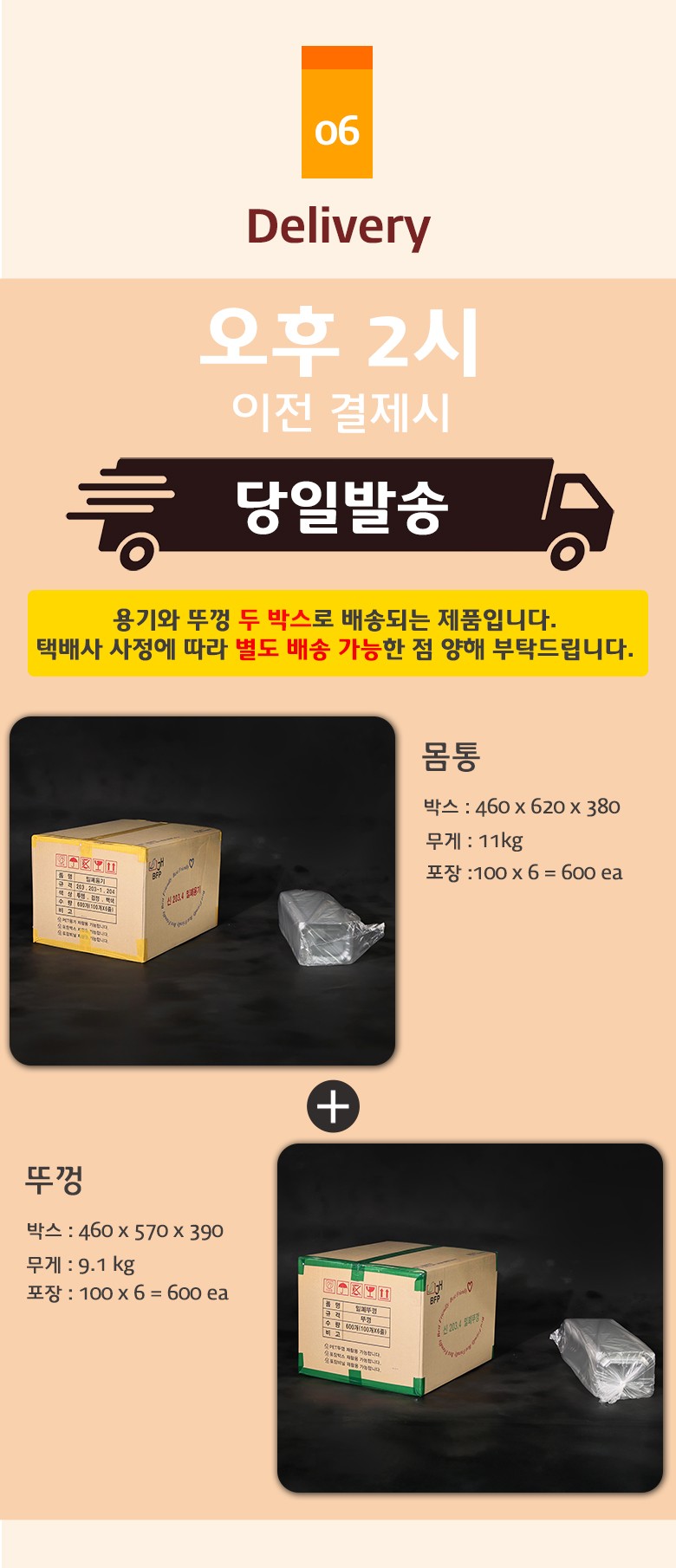 몸통 박스와 내부 포장 상태가 나란히 보여지는 투명 샐러드용기 배송 구성 예시