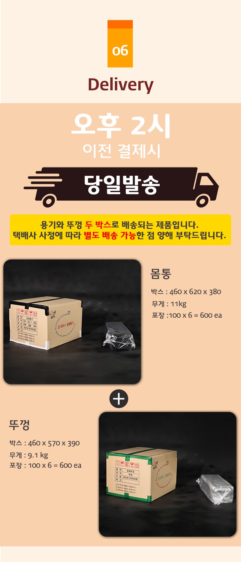 몸통 박스와 내부 포장 상태가 나란히 보여지는 투명 샐러드용기 배송 구성 예시