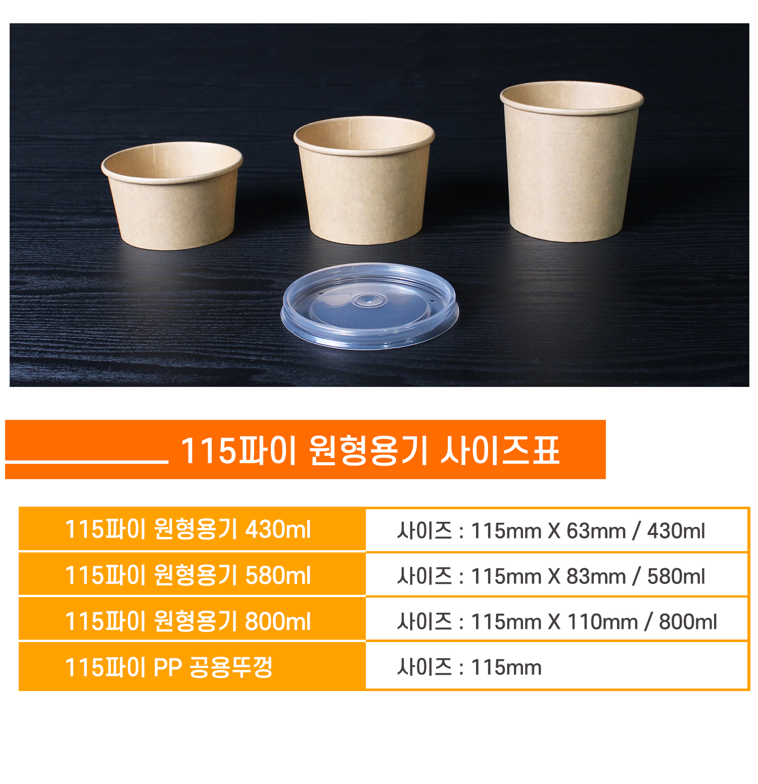 115파이 원형용기와 PP 공용뚜껑 사이즈 안내 표 - 430ml, 580ml, 800ml의 다양한 용기와 뚜껑 이미지