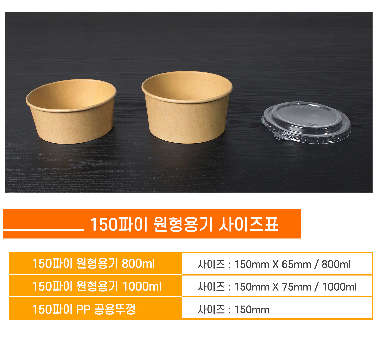 150파이 원형용기와 PP 공용뚜껑 사이즈 안내 표 - 800ml, 1000ml의 다양한 용기와 뚜껑 이미지