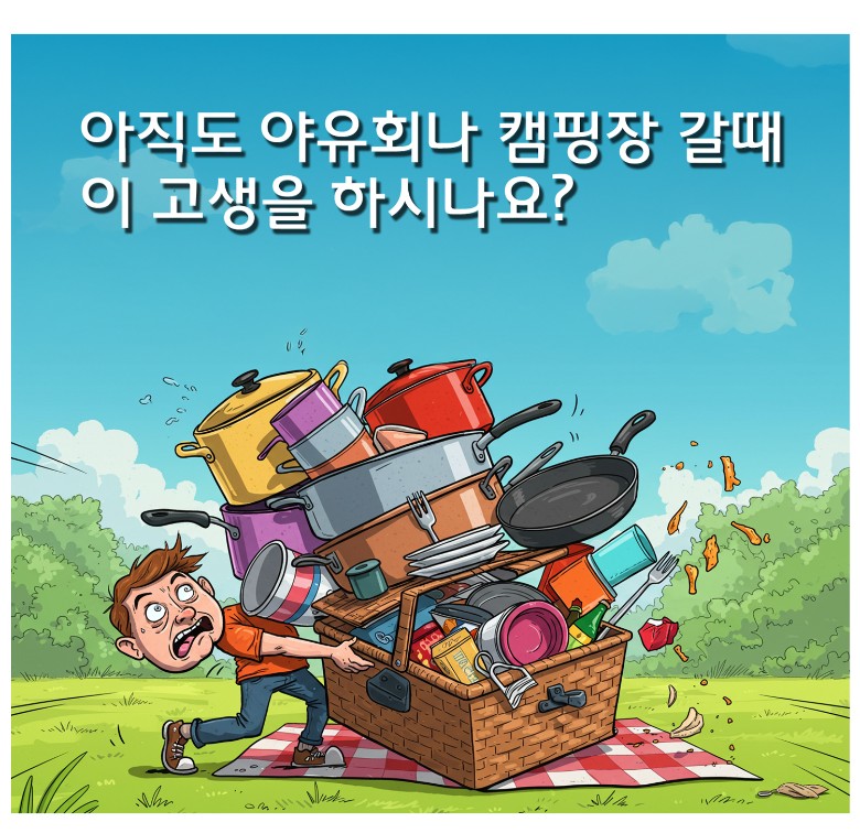 일회용냄비나 알루미늄그릇 없이 캠핑용 주방도구를 과하게 챙기느라 당황하는 남성 캐릭터 일러스트와 텍스트- 아직도 야유회나 캠핑장 갈 때 이 고생을 하시나요
