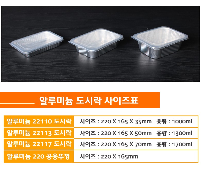 일회용냄비 시리즈 DS22110, DS22113, DS22117의 사이즈 및 용량 비교표가 포함된 알루미늄 사각용기 안내 이미지