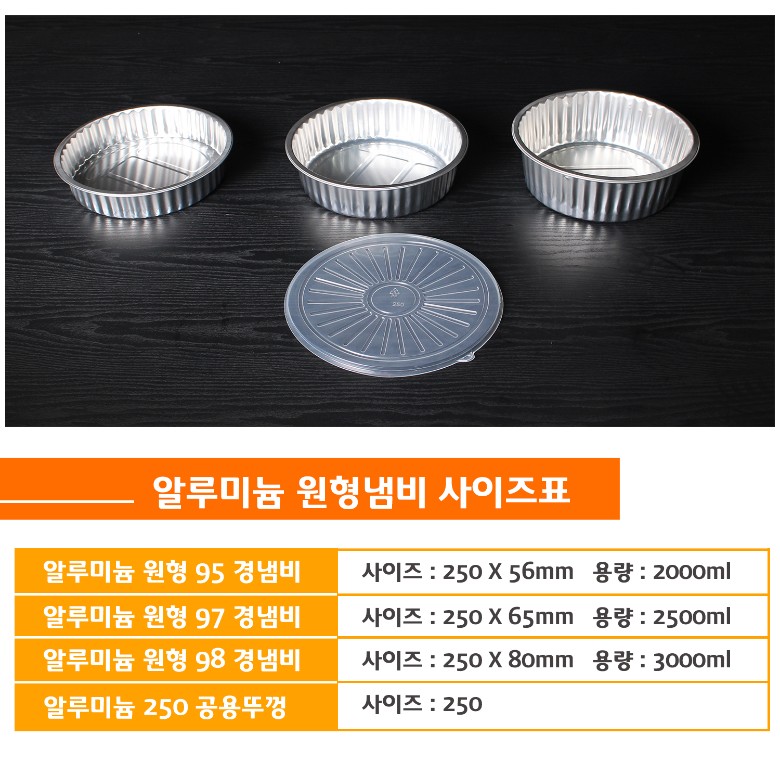 일회용용기 시리즈 DS95, DS97, DS98의 사이즈 및 용량 비교표가 포함된 알루미늄 원형용기 안내 이미지