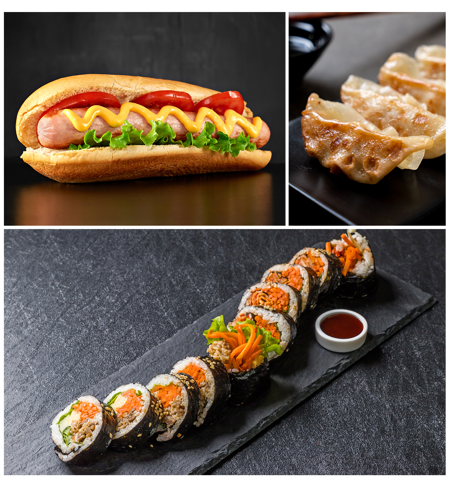 김밥과 핫도그, 만두 등 다양한 음식이 도시락 용기와 함께 연출된 이미지. 종이도시락이 간편식 패키징에 최적화되어 있음을 강조한다.