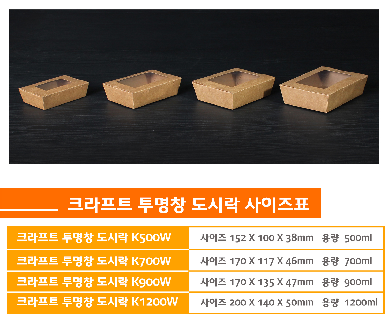 김밥 도시락 용기로 적합한 크라프트 종이도시락이 나란히 놓여 있는 모습. 네 가지 크기로 구성되며, 투명한 창이 있어 내용물을 쉽게 확인할 수 있다.
