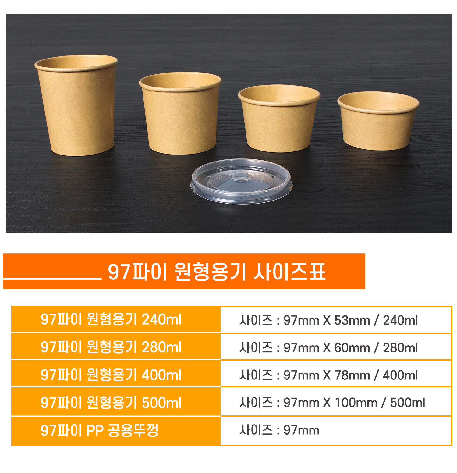 97파이 원형용기와 PP 공용뚜껑 사이즈 안내 표 - 240ml, 280ml, 400ml, 500ml의 다양한 용기와 뚜껑 이미지