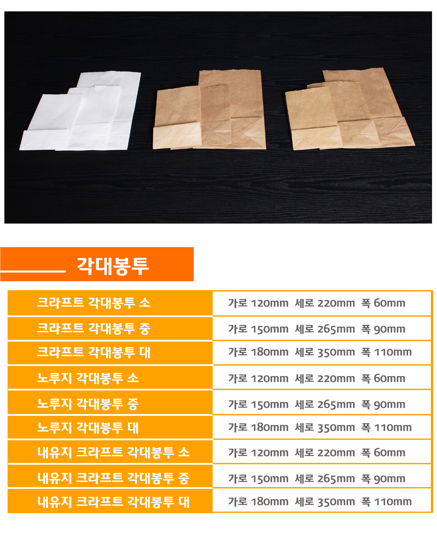 종이봉투 각대봉투 크라프트봉투가 흰색과 갈색으로 나란히 진열되어 있으며 크기별로 구분되어 펼쳐진 상태로 보여짐 하단에는 크라프트 각대봉투 소 노루지 각대봉투 중 내유지 크라프트 각대봉투 대 등 다양한 옵션과 가로 세로 폭 사이즈가 텍스트로 안내되어 있음