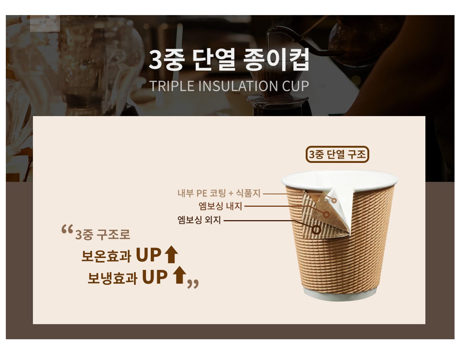 종이컵 테이크아웃 컵 일회용 컵의 단열 구조를 시각적으로 표현한 컷, 컵 단면에 내부 PE코팅, 식품지, 엠보싱 내지 및 외지로 구성된 3중 구조가 레이어 형태로 설명되어 있음, 보온효과 UP 보냉효과 UP 강조 문구 포함
