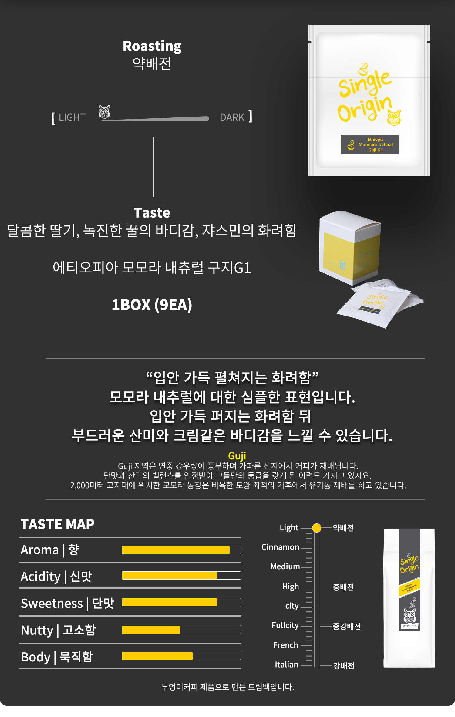 부엉이커피 두부 원두커피, 중강배전으로 구수한 맛과 크림크림한 향을 가진 블렌드 커피, 브라질, 에티오피아, 과테말라, 콜롬비아 원두를 사용한 블렌딩 정보와 맛의 특징 설명