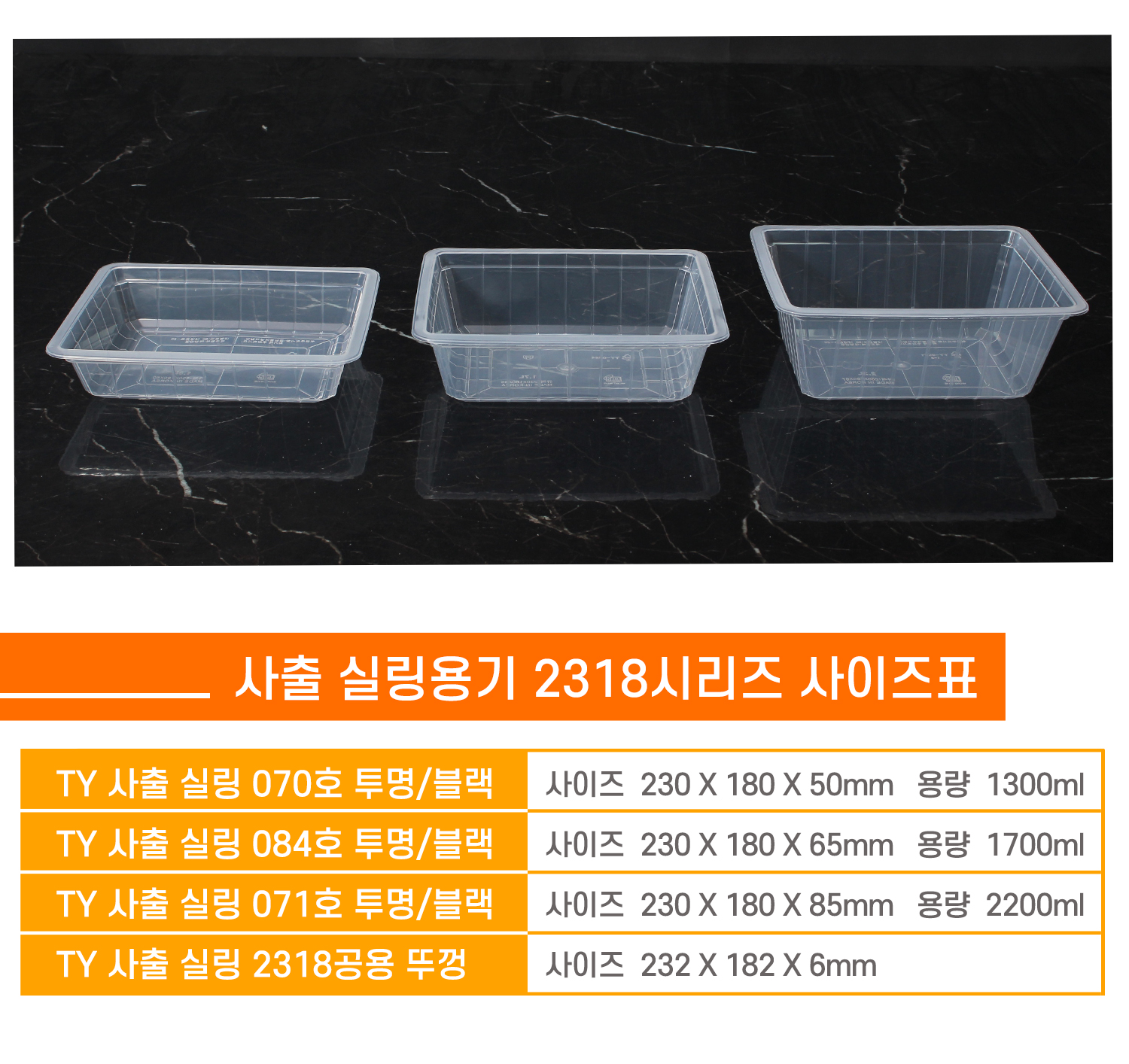 사이즈별로 포장용기가 나란히 놓여있는 이미지와 상품명, 사이즈, 용량 표기된 표