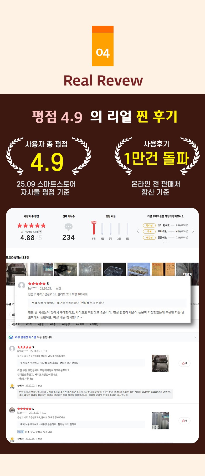 고객 후기와 평균 평점 4.9를 강조한 샐러드 용기 제품에 대한 신뢰도 높은 리뷰 소개