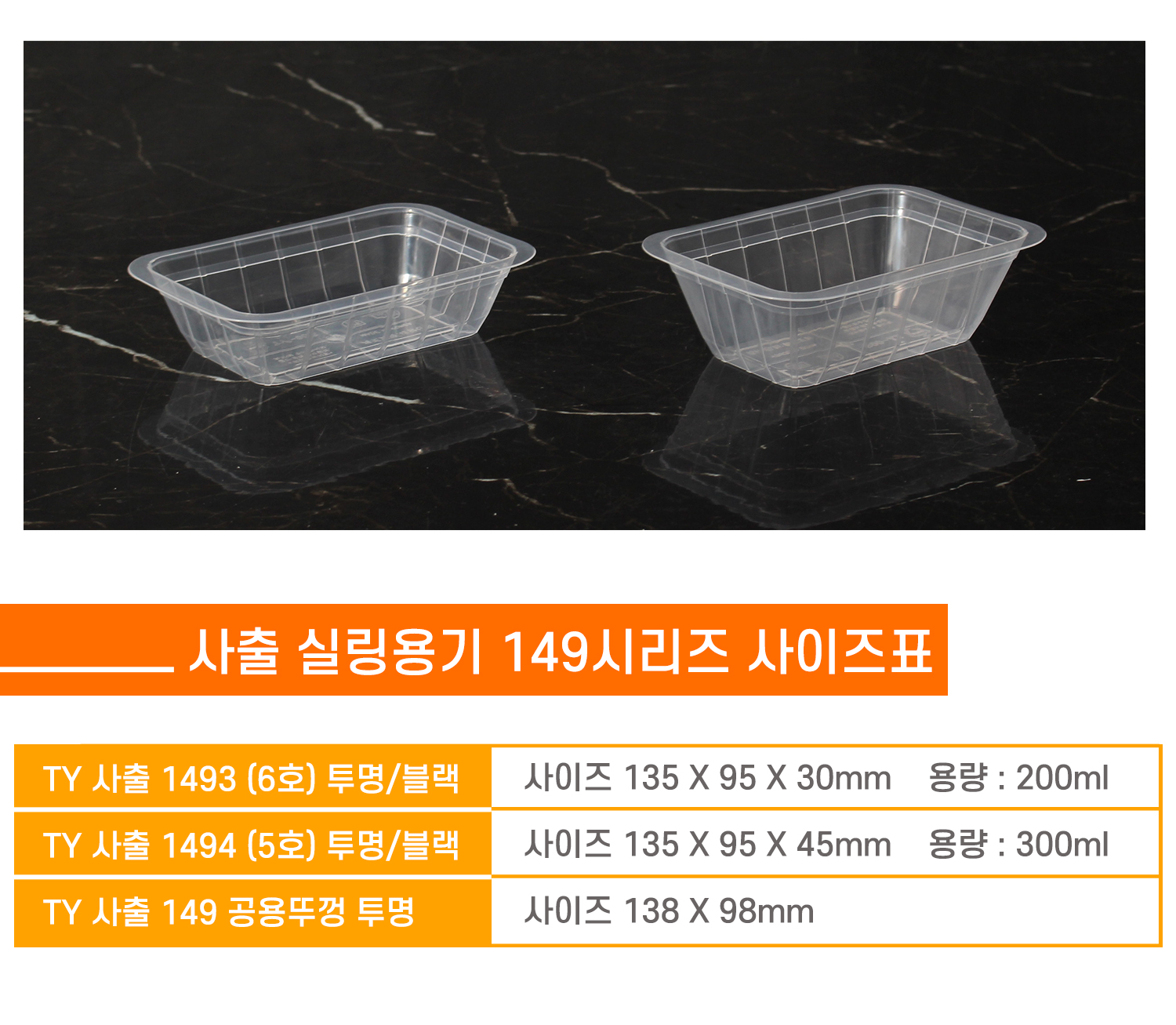 사이즈별로 포장용기가 나란히 놓여있는 이미지와 상품명, 사이즈, 용량 표기된 표