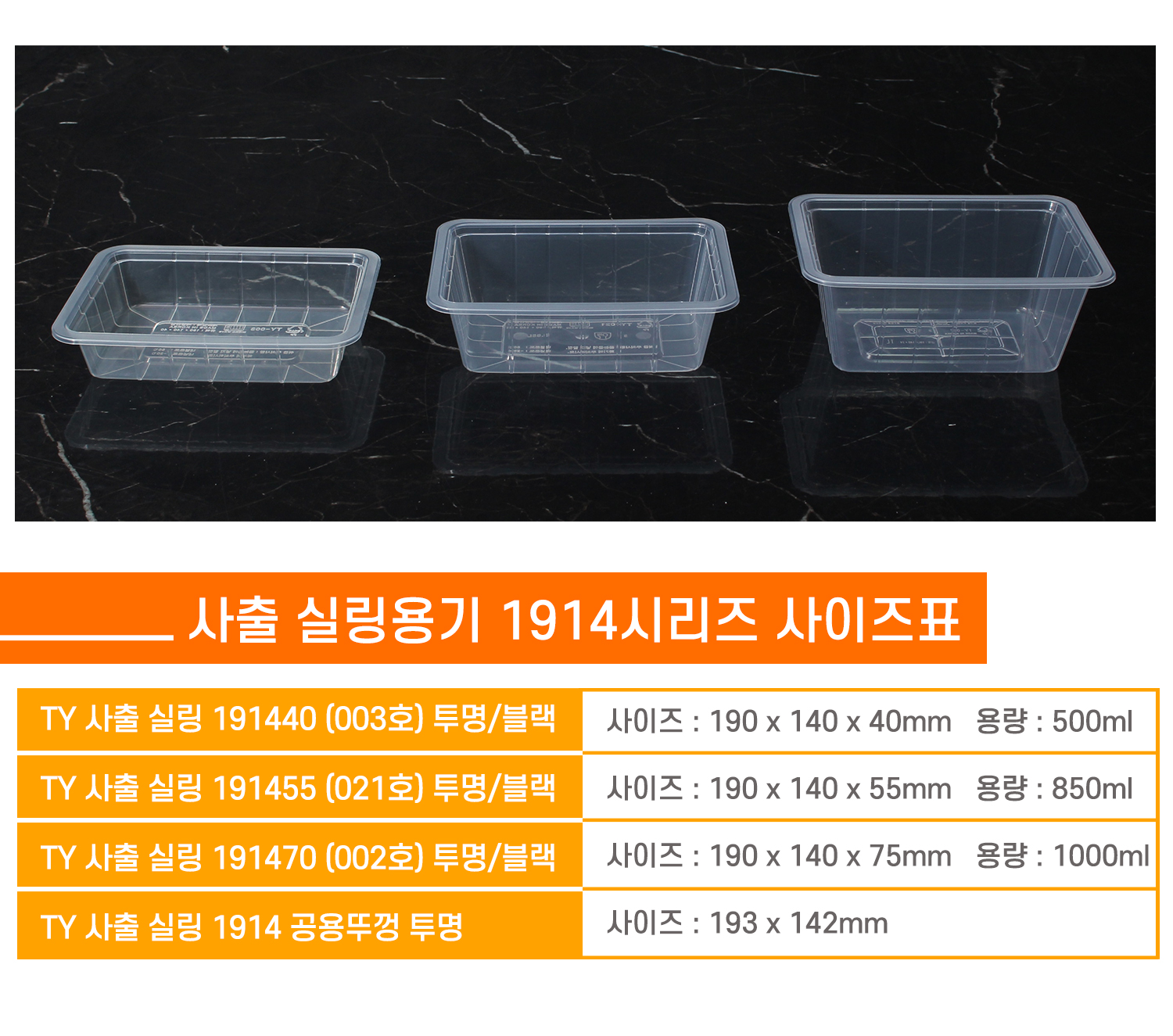 사이즈별로 포장용기가 나란히 놓여있는 이미지와 상품명, 사이즈, 용량 표기된 표