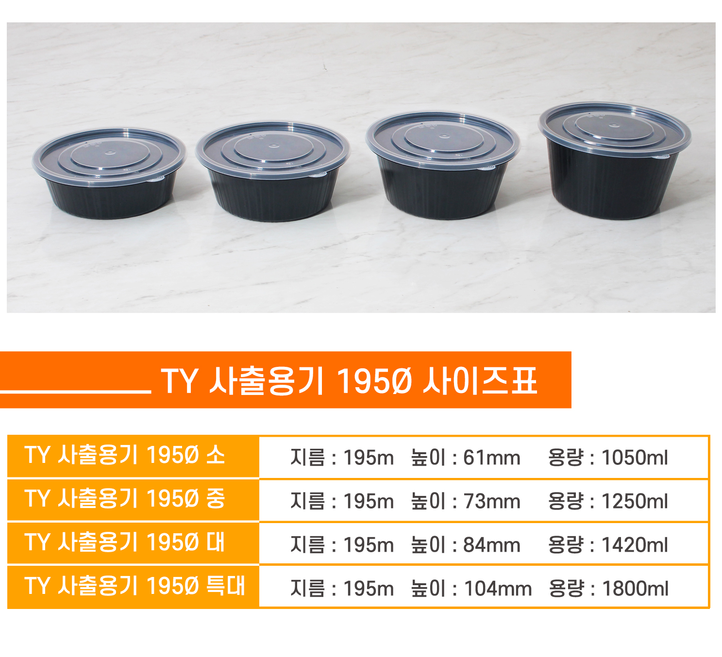 사이즈별로 포장용기가 나란히 놓여있는 이미지와 상품명, 사이즈, 용량 표기된 표