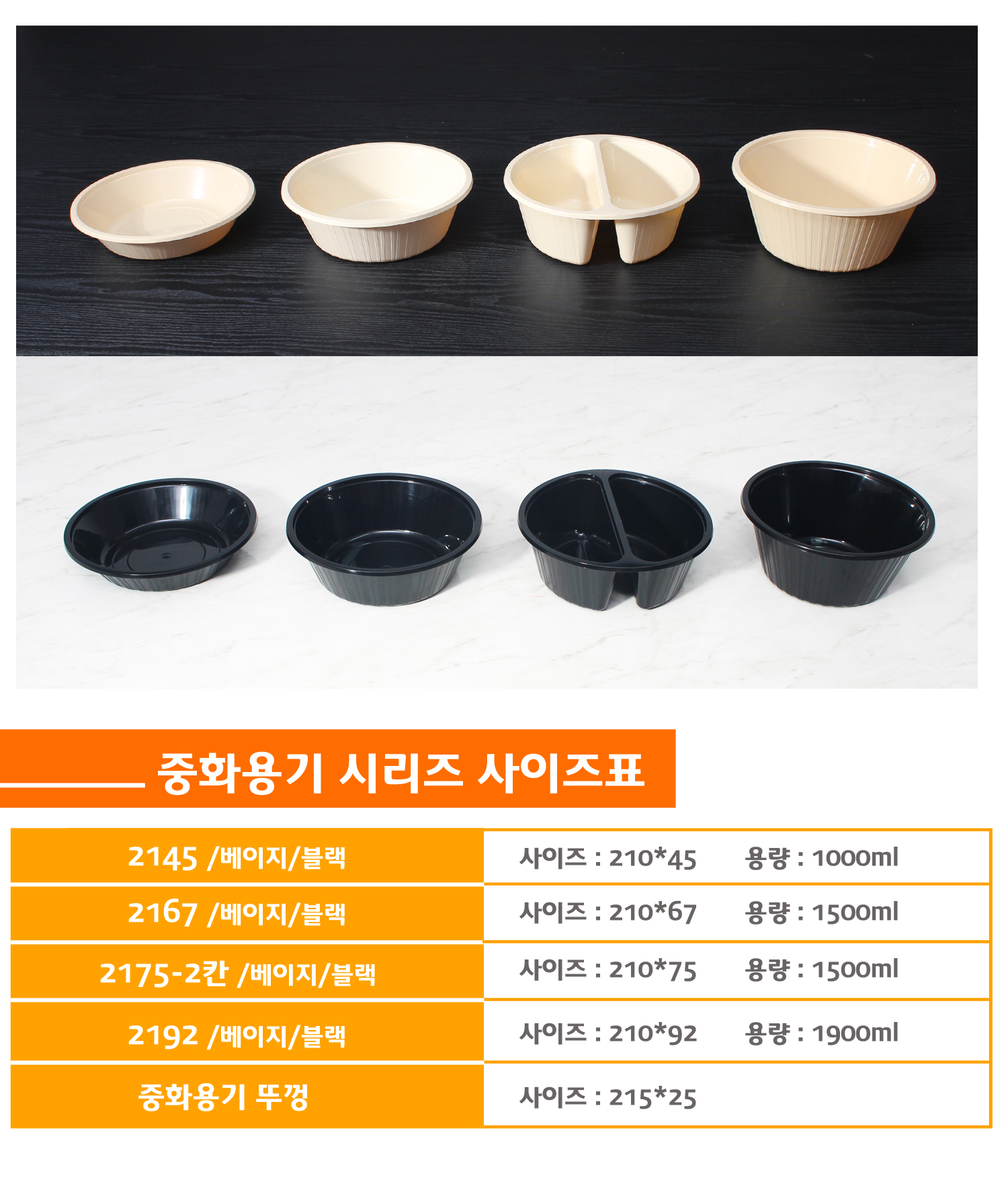 베이지색 칼라의 중화용기 4개와 블랙 칼라의 중화용기가 일자로 나란히 놓여있다. 중화용기의 종류 및 사이즈 용량이 확인 가능한 표가 그려져있다.