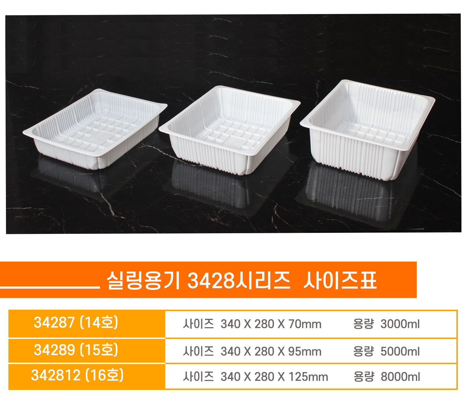 사이즈별로 포장용기가 나란히 놓여있는 이미지와 상품명, 사이즈, 용량 표기된 표
